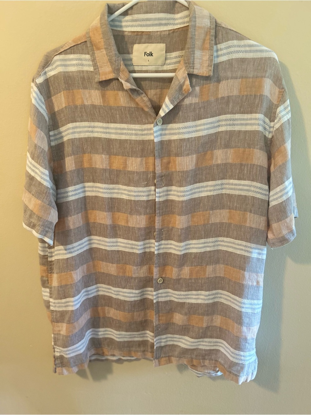 Folk Short-Sleeve Button-Down Stripe Shirt in Tan, White and Gray
